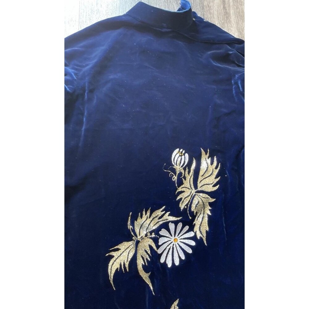 Vintage Cheongsam Long Dress Sz S Blue Velvet Asian Mandarin White Daisy Sparkle - Picture 11 of 13